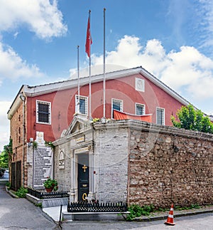 Red facade of the Autocephalous Turkish Orthodox Patriarchate in Istanbul, Turkey