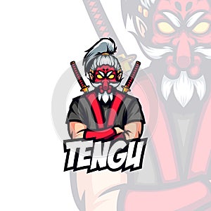 Red Face Tengu Masked Samurai Bushido Vector Mascot