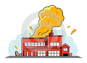 Red factory building with large smokestack emitting yellow smoke, industrial pollution concept. Environmental issues
