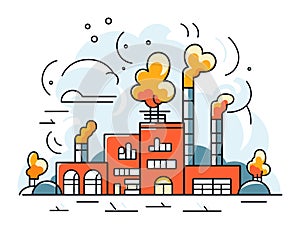 Red factory buildings with smokestacks emitting yellow smoke. Industrial pollution and environment damage vector