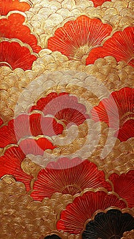 Red fan-shaped pattern with golden cloud background photo