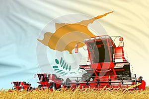 Red farm agricultural combine harvester on field with Cyprus flag background, food industry concept - industrial 3D illustration