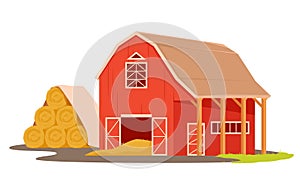 Red farm barn with hay bales, wooden house for storage of straw pile and haystacks