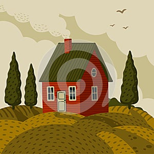 Red farm house. Rural landscape with Barn house in rustic style on green field with cypresses