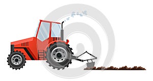 Red farm tractor cultivates the land. Heavy agricultural machinery for field work transport for farm in flat style. Farm