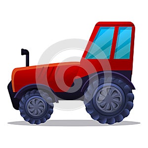 Red farm tractor icon, cartoon style