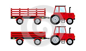Red farm tractor with open trailer icon set isolated on white background