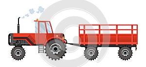 Red farm tractor which carries a trailer. Heavy agricultural machinery for field work transport for farm in flat style