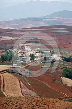 Red farmland with village in dongchuan of china