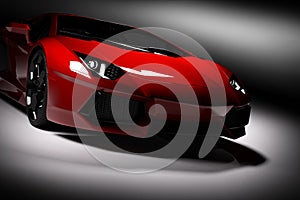 Red fast sports car in spotlight, black background. Shiny, new, luxurious.