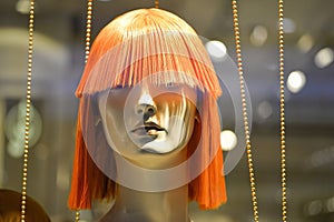 Red faux wig for female mannequin head. Background