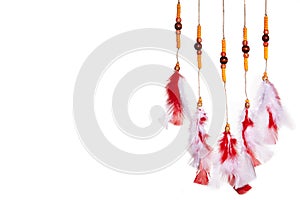 Red Feathers Curtain. Dream Catcher Native American on White. Boho Hippie Style. Ethnic Symbol for Good Dreams and Rest