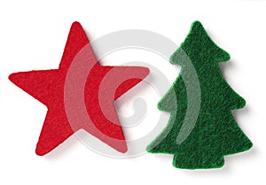 Red felt star and green felt fir tree isolated