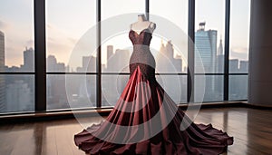 Red female dress on skyscraper view background. Sparkling elegant woman evening gown. Cocktail dress. Special occasion dress.