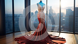 Red female dress on skyscraper view background. Sparkling elegant woman evening gown. Cocktail dress. Special occasion dress.