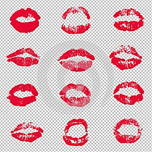 Red Female Lips Lipstick Kiss Print Set Transparent background