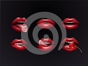 Red female lips set isolated on dark background. Lips with cherry in your mouth, tongue, teeth for your design. vector