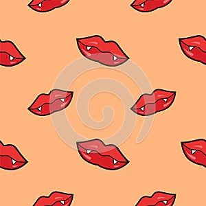 Red female lips with vampire fangs seamless pattern isolated on white background, illustration. Pattern for halloween. Dracula