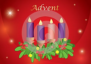 Red festive background with 4 advent candles - vector illustration