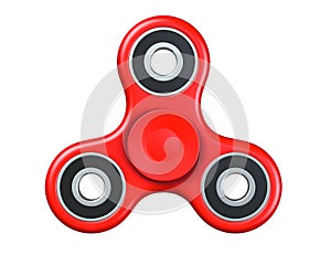 Red fidget finger spinner stress, anxiety relief toy. 3D render, isolated on white background.