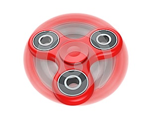 Red fidget finger spinner stress, anxiety relief toy, in motion. 3D render, isolated on white background.