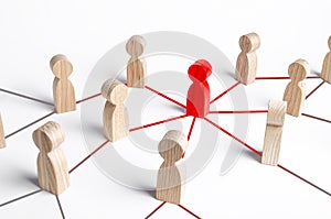The red figure of a person spreads his influence to people through a communication network. Following a new idea. Leader