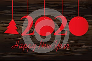 Red Figures 2020 and Christmas tree and ball made of paper hanging on a red ribbon. New Year, winter theme. Vector. Greeting card