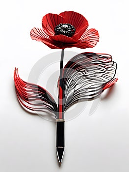 Red fine lines in pen and ink that form the outline of a Pen and a poppy flower.