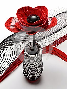 Red fine lines in pen and ink that form the outline of a pen and a poppy flower.