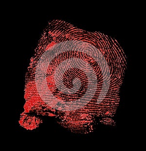 Red fingerprint on black background. Bloody fingerprint