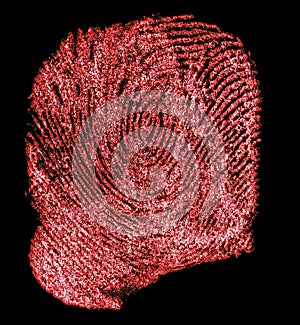 Red fingerprint on black background. Bloody fingerprint