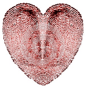 Red fingerprint isolated on white background. Bloody fingerprint, heart shape