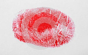 Red fingerprint on white. Friction ridge pattern