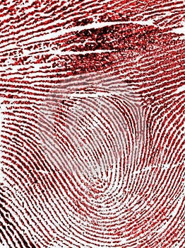 Red fingerprint on white paper, as background. Index fingerprint