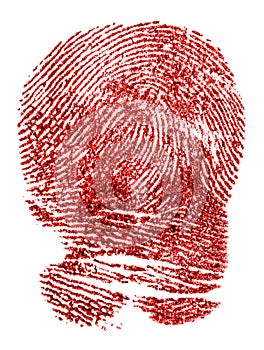 Red fingerprint on white paper. Bloody fingerprint