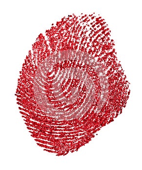 Red fingerprint on white paper. Bloody fingerprint on a white background. Imprint. Macro