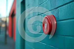 Red Fire Alarm on Blue Brick Wall