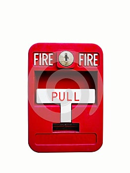 Red fire alarm box for warning and security system. Pull danger