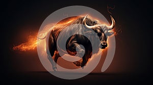 Red Fire Bull, sparks fly from under the hooves, side view, on night sky background, banner