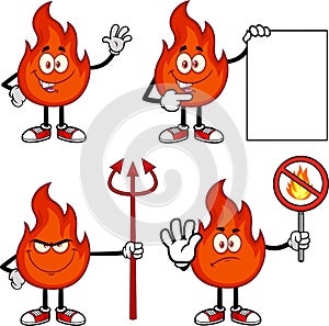 Red Fire Cartoon Character. Vector Hand Drawn Collection Set