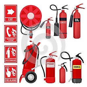 Red fire extinguisher. Firefighter tools for flame protection vector illustrations of various extinguisher types