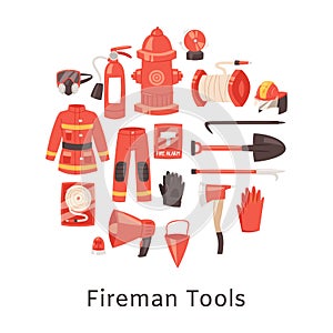Red fire extinguisher and firefighters tools, uniform and equipment for flame fighting. Fire station amunition