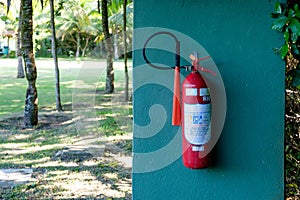 Red fire extinguisher on green wall, with garden on the background