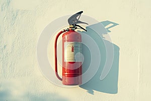 fire extinguisher on white wall, close up