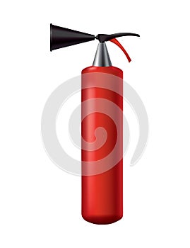 Red fire extinguisher. Isolated portable fire-fighting unit. Firefighter tool for flame fighting attention. Portable