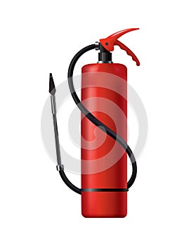 Red fire extinguisher. Isolated portable fire-fighting unit with hose. Firefighter tool for flame fighting attention
