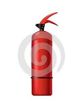 Red fire extinguisher. Isolated portable fire-fighting unit. Firefighter tool for flame fighting attention. Portable