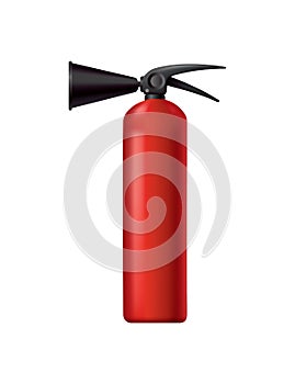 Red fire extinguisher. Isolated portable fire-fighting unit. Firefighter tool for flame fighting attention. Portable