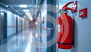 Red Fire Extinguisher Mounted on Wall in Long Corridor