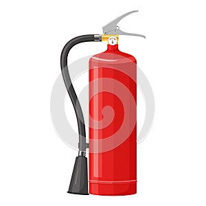 Red fire extinguisher with nozzle isolated on white background. Portable fire extinguishing equipment from fire department.